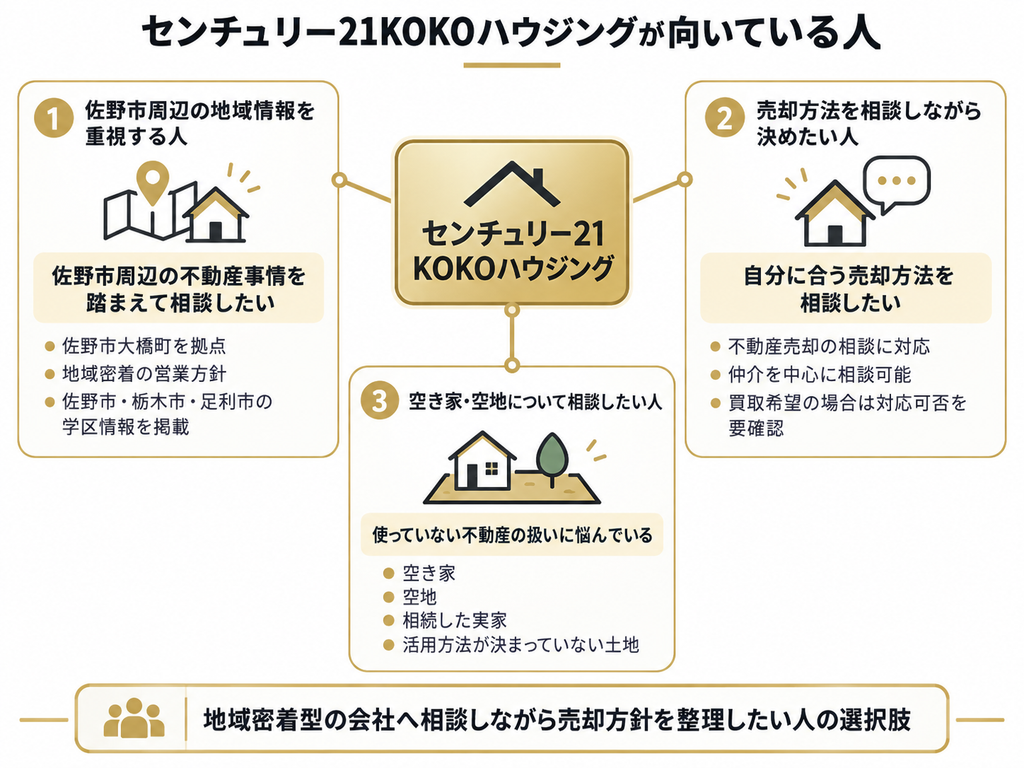 センチュリー21KOKOハウジングが向いている人を、佐野市周辺の地域情報を重視する人、売却方法を相談しながら決めたい人、空き家・空地について相談したい人の3つに整理した図解。