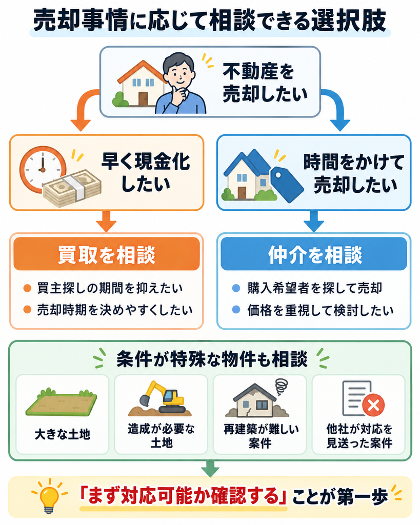 売却事情に応じて、買取・仲介・条件が特殊な物件の相談先を整理した図解