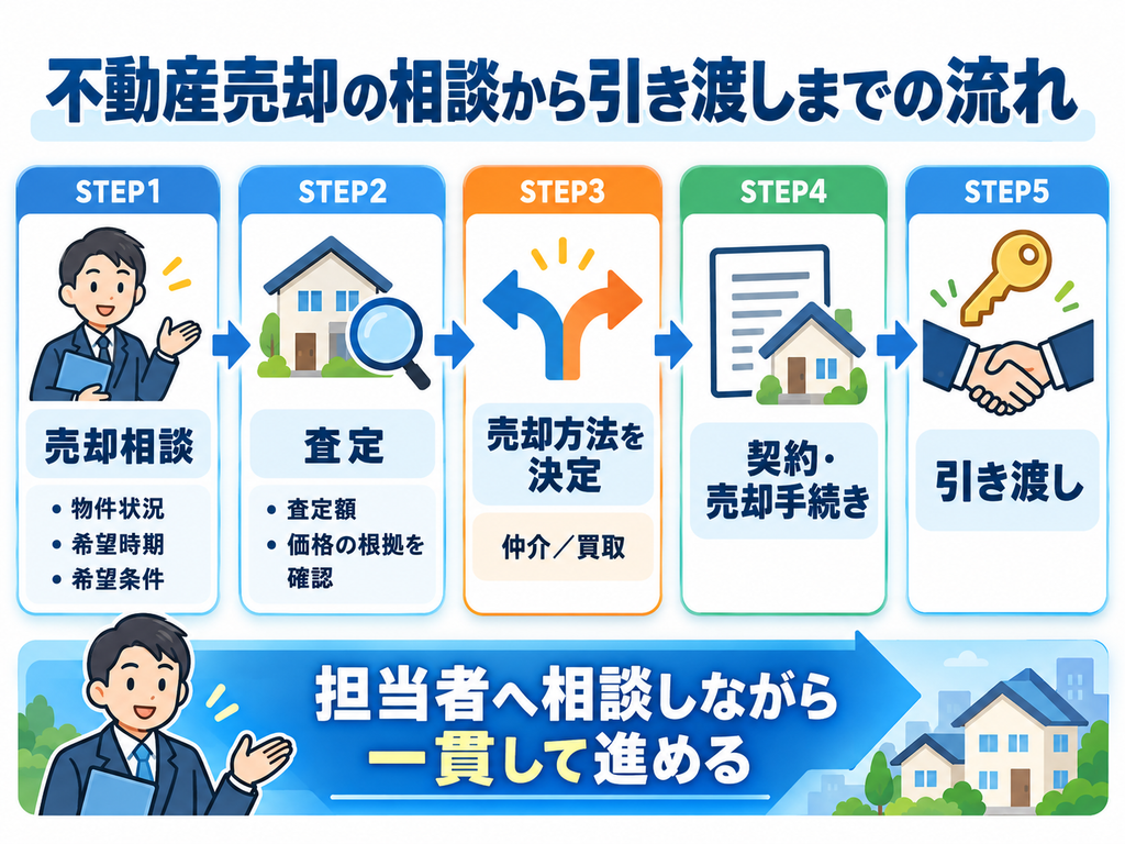 不動産売却の相談から査定、売却方法の決定、契約・売却手続き、引き渡しまでの流れを示した図解